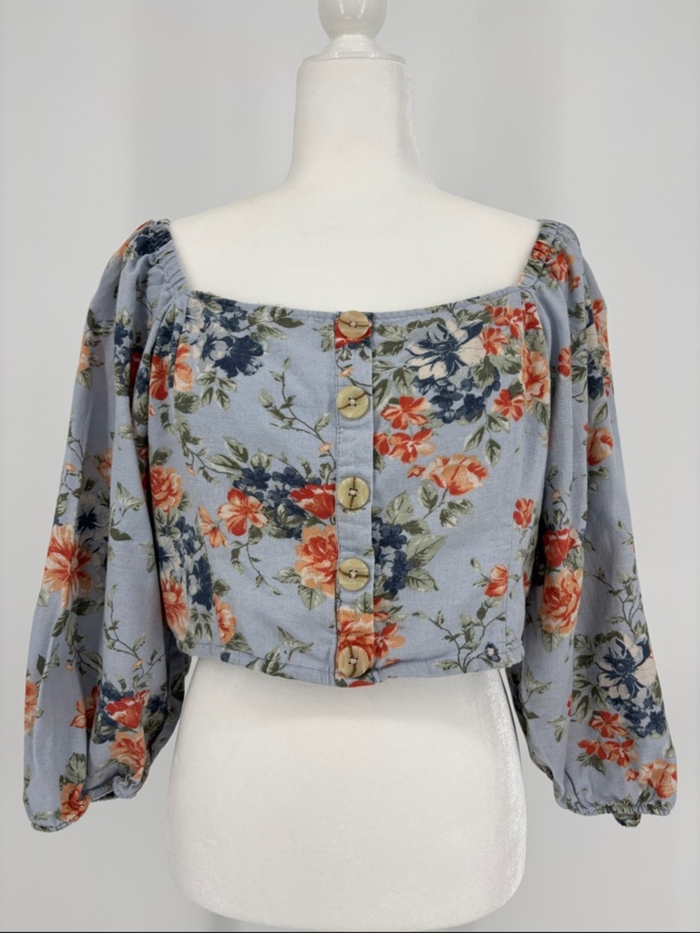American Eagle Floral Balloon Sleeve Crop Top Women’s Size XL Blue & Orange EUC!